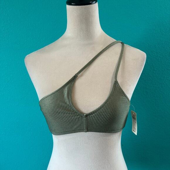 NWT Aerie Shine Rib One Shoulder Bandeau Bikini Top Olive Fun Olive Fun Sz S, L - Picture 3 of 6